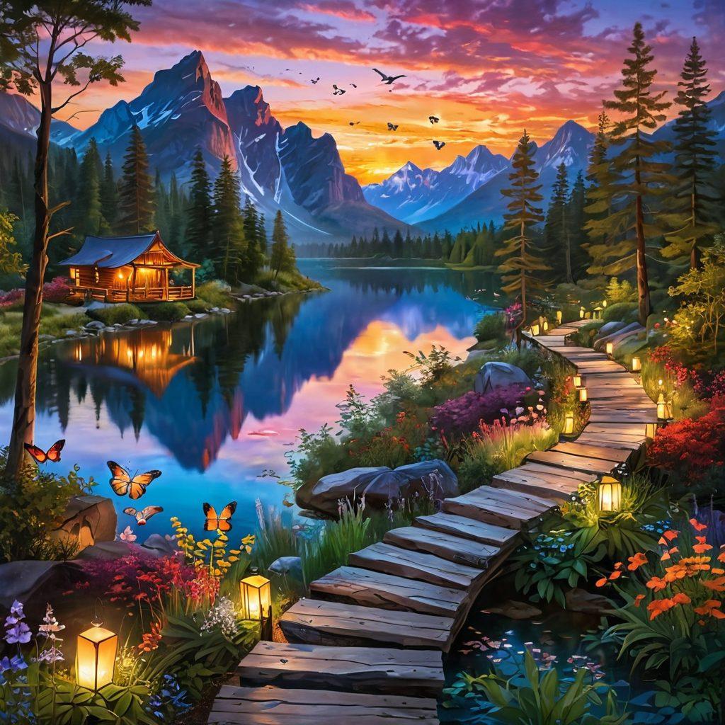 A vibrant landscape showcasing a winding path through diverse natural wonders like lush forests, serene lakes, and majestic mountains. Along the path, joyful travelers engage in moments of laughter, meditation, and connection, symbolizing life's pleasures. The sky is painted in enchanting sunset colors, while whimsical elements like floating lanterns and butterflies enhance the sense of magic. super-realistic. vibrant colors. scenic background.