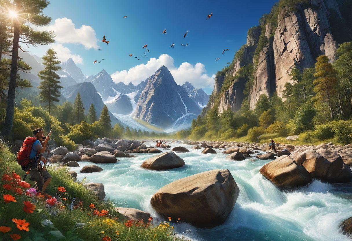 A breathtaking landscape showcasing a group of diverse adventurers engaged in thrilling activities like rock climbing, white-water rafting, and hiking through lush forests. Highlight their expressions of joy and adrenaline, surrounded by stunning mountains and a clear blue sky. Incorporate elements of nature that symbolize adventure and happiness, such as birds soaring and wildflowers. super-realistic. vibrant colors. dynamic composition.