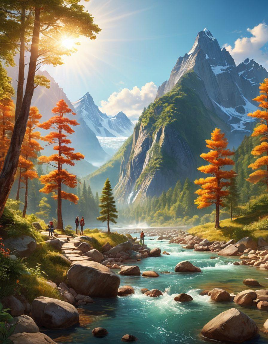 A breathtaking scene depicting a vibrant landscape of towering mountains, lush forests, and a sparkling river, with adventurous explorers hiking and experiencing joy and wonder. Include a diverse group of people celebrating at a scenic overlook, capturing the essence of discovery and happiness. Bright, warm sunlight bathes the scene, enhancing the feeling of adventure. super-realistic. vibrant colors. 3D.